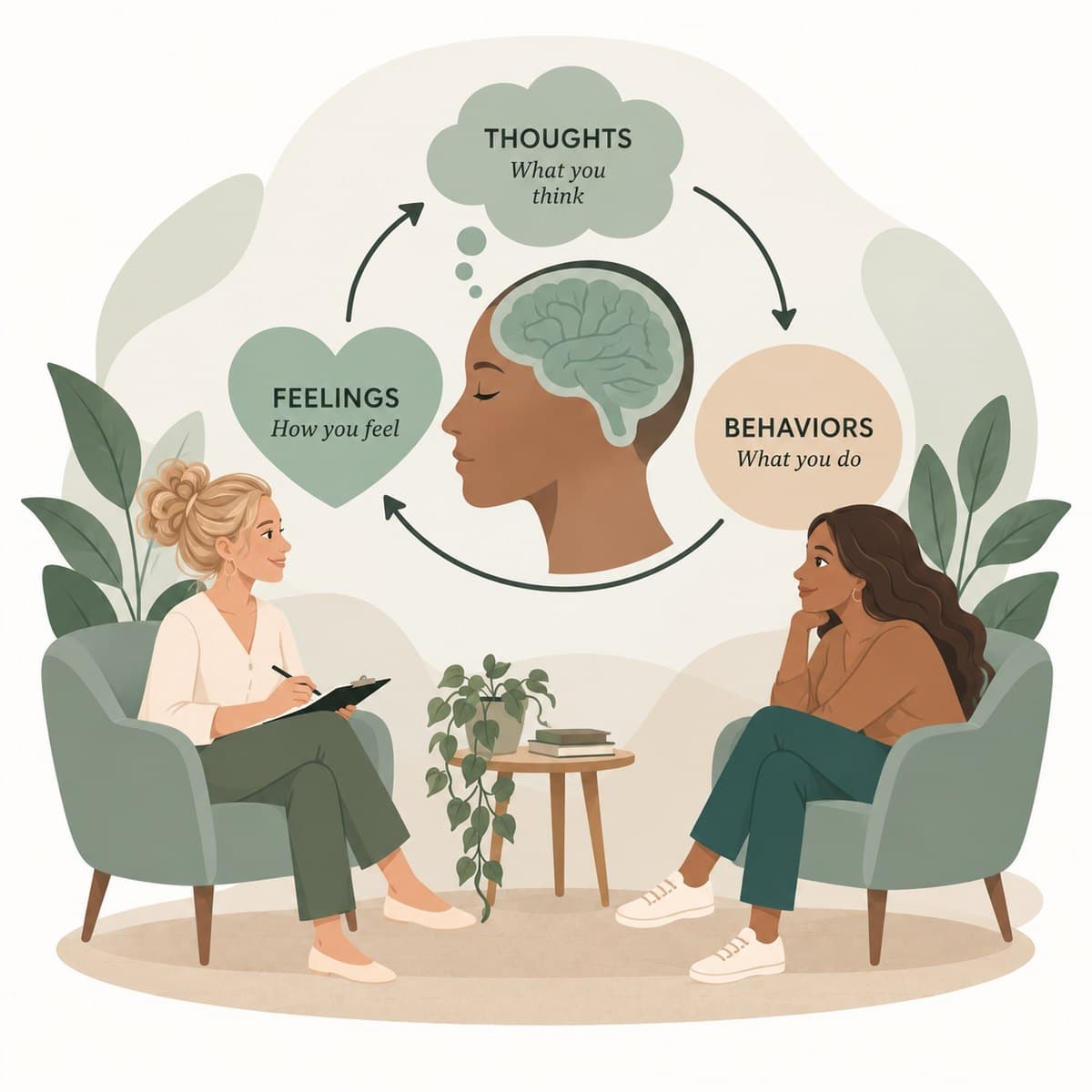Two women in session with a diagram linking thoughts, feelings, and behaviors in a cycle