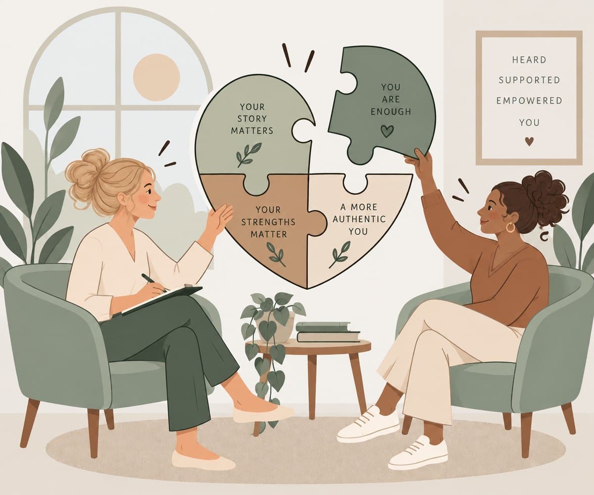 Two women in armchairs assembling a heart-shaped puzzle that reads: your story matters, your strengths matter, you are enough, a more authentic you